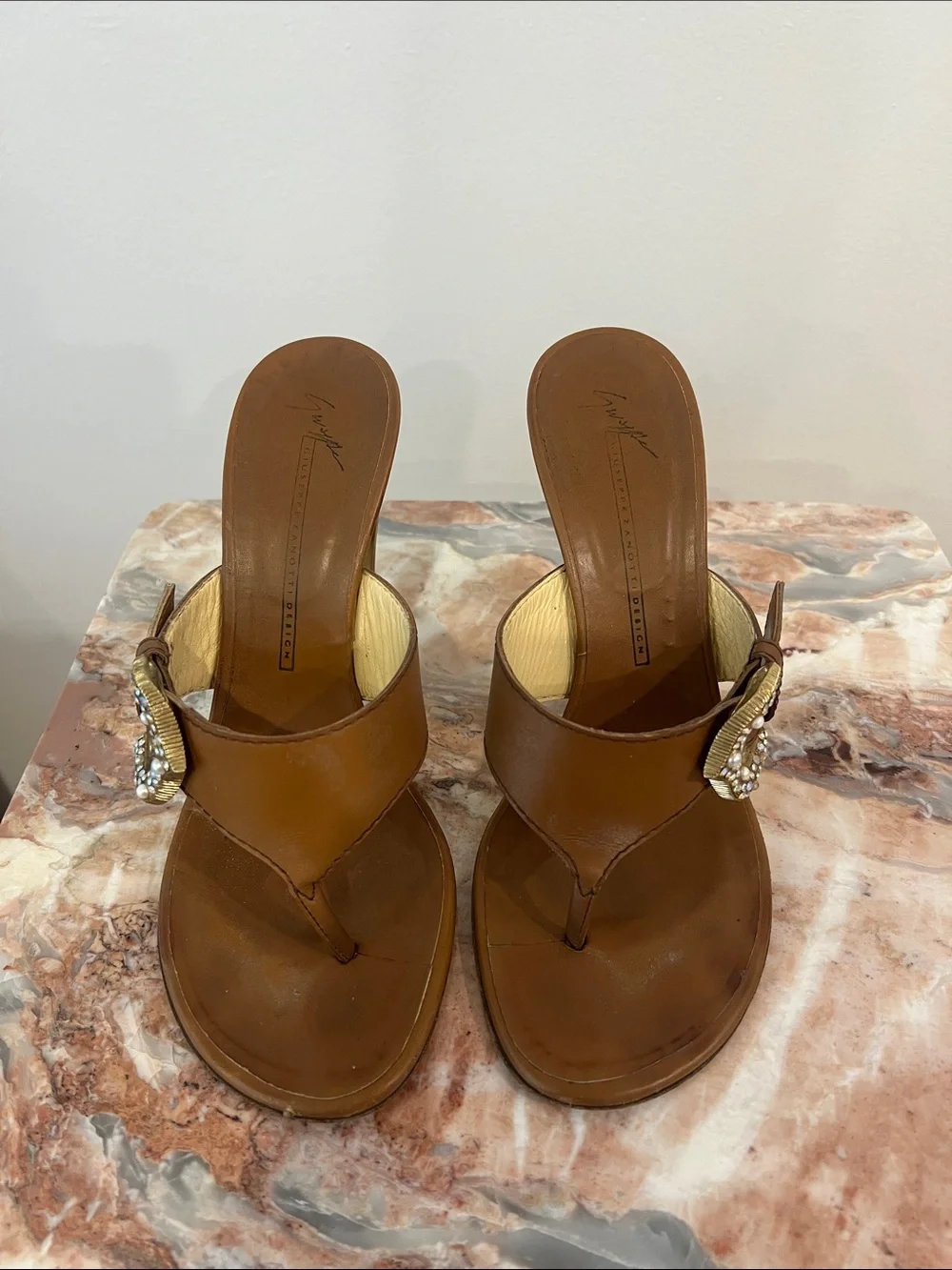 Giuseppe Zanotti Brown Leather Jeweled Thong Heels